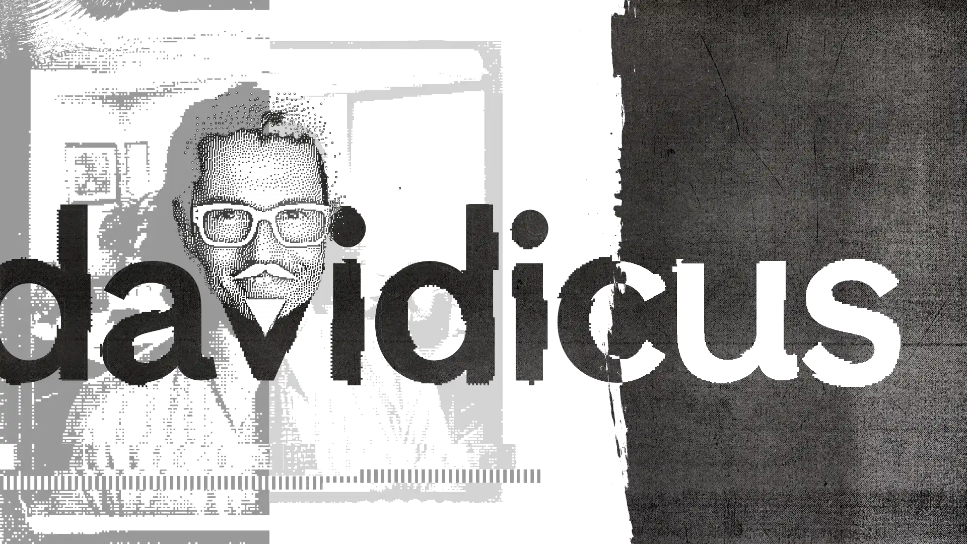 large davidicus logo with retro dithered image of his face, with beard in the V